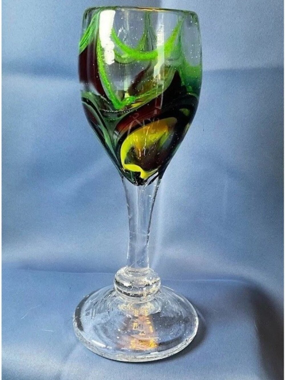 Hand Blown Art Glass Wine Goblet Green Yellow Swirl Studio Glass Stemware 9